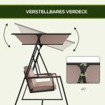 Trädgårdsgunga Gungbänk Khaki av Metall och Textilen för Trädgård och Terrass 3-Sits Hollywood Swing med Justerbart Tak UV-Skydd 205 x 130 x 175 cm
