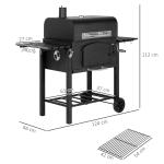 Kolgrill BBQ Grill Svart av Metall för Trädgård Trädgårdsgrill med Lock och Hyllor Rökare med Värmeplatta Transporthjul