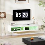 Hängande TV-skåp med RGB LED-belysning i 16 Färger, TV-bänk för 55-60 tums TV, Högblank Vit, 140x40x30 cm
