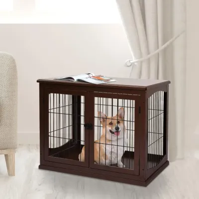 Hundbur med Bordsskiva och Två Dörrar, Brun