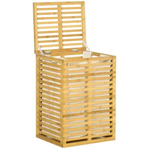 Bambu Tvättkorg med Lock och Tvättpåse, 63 L, Naturträ, 44 x 37 x 62,5 cm