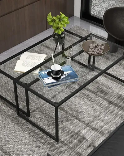 Set 2 Soffbord i Glas Pulverlackerat Stål Svart +