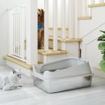 Stor Kattlåda Öppen Modell Grå Rostfritt Stål för Katter Upp till 12 kg Rymlig Toalett med Hög Kant och Spade Hygienisk Luktfri Design 70 x 50 x 30 cm