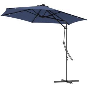 Fribärande Paraply Solskydd Mörkblå av Polyester och Metall för Trädgård med LED och Handvev Inklusive Korsfot 290 x 260 cm