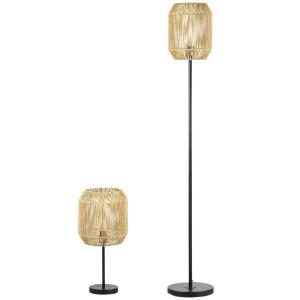 Lampor i Set om 2, Matchande Golv- och Bordslampa, Elegant Belysning med Linnéskärm för Vardagsrum, Natur/E27