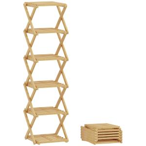 Skohylla Hopfällbar 6 Hyllplan Naturfärgad Bambu för Hall och Entré Skoställ för 9 Par Skor Platsbesparande och Ingen Montering 30x29x108 cm