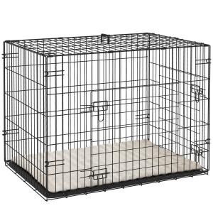 Hundbur Hopfällbar med 2 Dörrar och Uttagbar Bricka samt Dyna för Transport Hållbar och Stabil Svart Metall och Tyg 75 x 48,5 x 53 cm