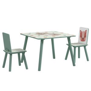 Barnbord Sittgrupp Grön av MDF och Furu för Barn 3-8 År Set med Bord och 2 Stolar Djurmotiv