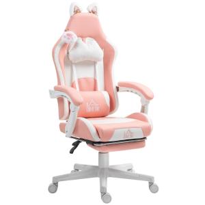 Gamingstol Gamerstol med Liggfunktion Rosa av Konstläder för Kontor Ergonomisk Stol med Kattöron och Fotstöd 120 kg