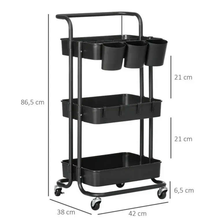 Rullvagn med 3 Våningar och Krokar 42 x 38 x 86,5 cm, Svart