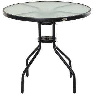 Runt Bistrobord Metall och Glas Elegant Trädgårdsbord med Parasollhål Väderbeständig Svart 80 Cm