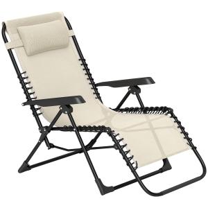 Solstol Trädgårdsstol Hopfällbar Beige av Metall och Tyg för Trädgård och Strand Väderbeständig Säng med Kudde 120 kg