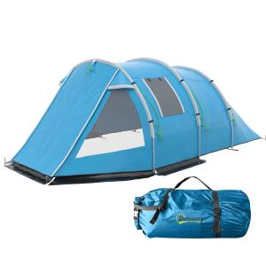 Tunneltält Campingtält Blå av Polyester för Utomhusäventyr 4-Personers Tält med 2 Rum och Fönster UV-Skydd Vattenpelare 2000 mm
