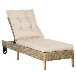 Justerbar Solsäng i Konstrotting, Bekväm Solstol med Dyna, Väderbeständig Design för Trädgård och Pool, Natur/Khaki, 200 x 66 x 92 cm
