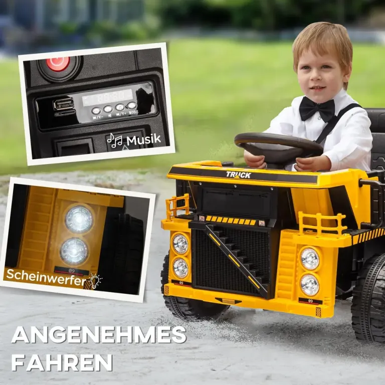 Elbil Traktor med Tippflak & Skopa för Barn Gul