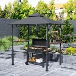 Grillpaviljong Trädgårdspaviljong med LED Grå av Metall för Fest och Grill Vattentät BBQ Paviljong med Dubbeltak 243 x 148 x 248 cm