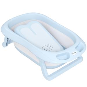 2-i-1 Hopfällbar Badbalja med Badstöd och Duschfäste Ljusblå av Plast för Baby 0-3 År Ergonomiskt Babybadkar
