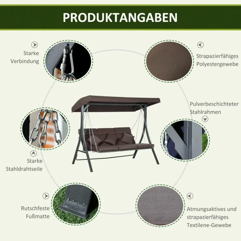 Hammock för Trädgård 3-Sits med Soltak, Brun och Svart
