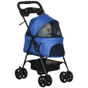 Hopfällbar Hundvagn med 4 Hjul, Smidig Husdjursvagn för Små Hundar och Katter, Praktisk Transportkärra med Korg, Blå, 67 x 45 x 96 cm