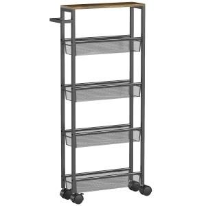 Rullvagn Kök Smal Svart Metall för Kök och Badrum Serveringsvagn med 5 Hyllplan och Handtag Praktisk Förvaring på Hjul 47 × 13 × 97 cm