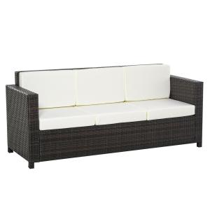 3-Sits Soffa i Konstrotting, Bekväm Trädgårdssoffa med Mjuka Dynor, Väderbeständig Utemöbel för Terrass och Balkong, Brun/Vit, 185 x 70 x 80 cm