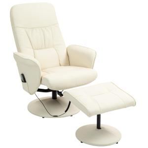 Massagestol med Fotpall, 10 Vibrationspunkter, Konstläder, Krämvit, 76 x 81 x 105 cm