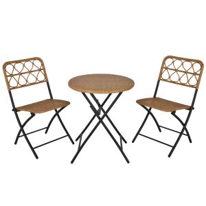Hopfällbart Bistroset i Konstrotting, Kompakt Balkonggrupp med Bord och Två Stolar, Väderbeständig Utemöbel, Natur