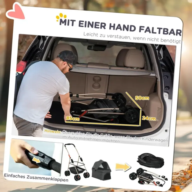 Hundvagn Husdjursvagn 3-i-1 Hopfällbar Grå av Tyg