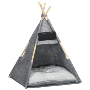 Tipi-Tält för Hund och Katt, Mysigt Djurhus i Filt med Mjuk Plyschkudde, Tvättbar Sovplats för Husdjur, Grå, 58 x 58 x 80 cm