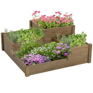 Odlingsbänk i 3 Nivåer, Upphöjd Blomlåda i Granträ, Ergonomisk Odling för Örter och Grönsaker, Brun, 122 x 122 x 51 cm