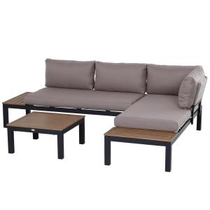 Trädgårdsmöbelset för 3 Personer med Sidobord, Soffa med Kuddar, Aluminium, 164 x 74 x 69 cm