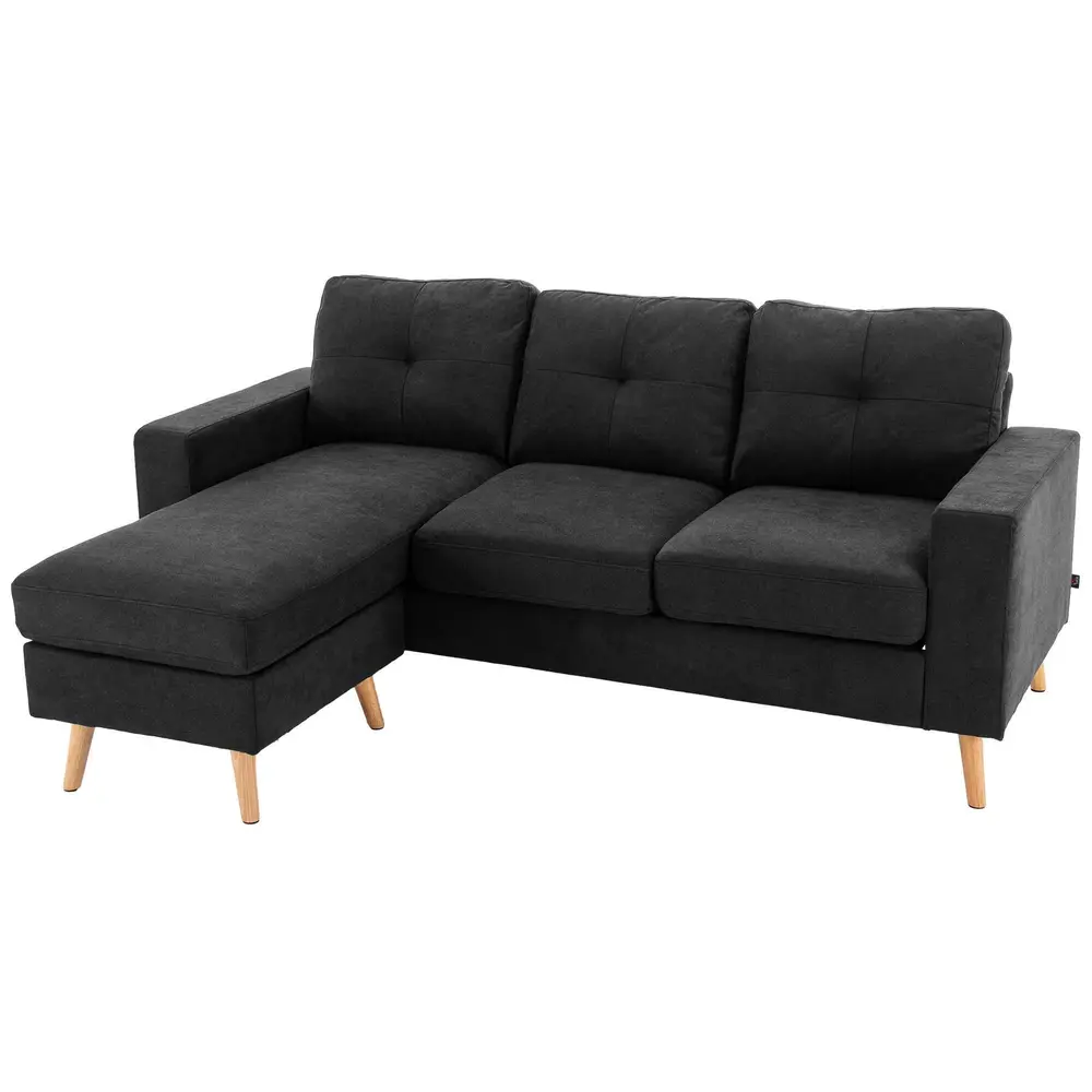 Hörnsoffa L-Form Soffa Svart av Tyg med Linnelook 3-Sits