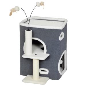 Katträd med Dubbelkoja Grå Plysch och Sisal för Katter Kompakt Klösträd med Toppliggplats och Klöspelare Mysigt Hus för Vila och Lek Modern Design