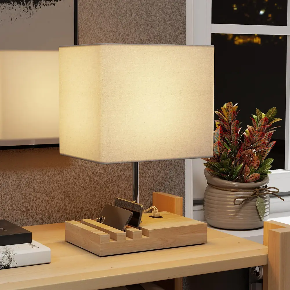 Bordslampa med USB-Uttag Vit Trä och Tyg och Nattduksbord