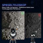 Spegelteleskop för Nybörjare Mörkblå Aluminium för Astronomi och Stjärnskådning Kraftfullt Teleskop med 2 Okular och Stativ Skarpa Bilder 114 mm