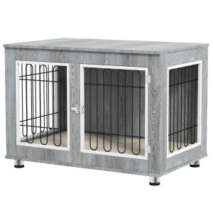 Hundbur Hundhus Grå av Trä och Metall för Medelstora Hundar Husdjursbur med Kudde och Dubbla Dörrar 90 x 58 x 65 cm