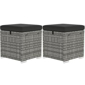 Fotpall Rottingpallar Set med 2 Mörkgrå av Rottinglook och Metall för Trädgård och Uteplats Väderbeständig Pall med Förvaring 40 x 40 x 41 cm