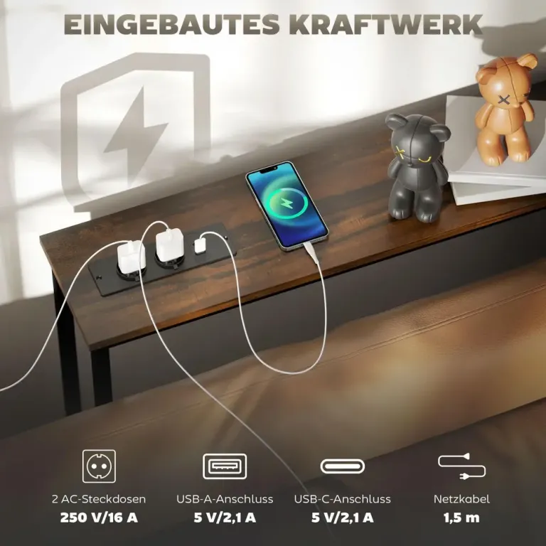 Konsolbord Hallbord med Laddstation 160 x 20 x 80 cm, Brun