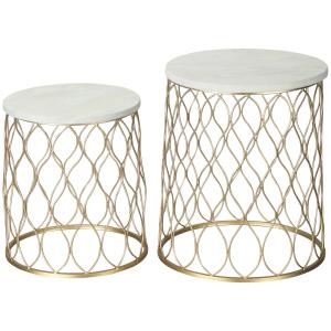 Sidobord i Metallkorg 2-Pack, Dekorativa Trädgårdsbord i Retro-Design, Praktisk Förvaring med Lock, Guld/Vit, 41 x 46 cm