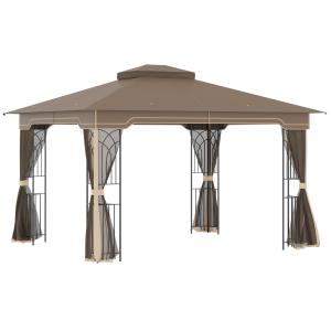 Trädgårdspaviljong med Dubbeltak, Rymligt Partytält med Myggnät, Elegant Solskydd för Sommarfester, Brun/Beige, 3,65 x 3 m