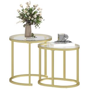Soffbord Sidobord Set om 2 Guld av Stål och Glas för Vardagsrum och Sovrum Runda Stapelbara Bord