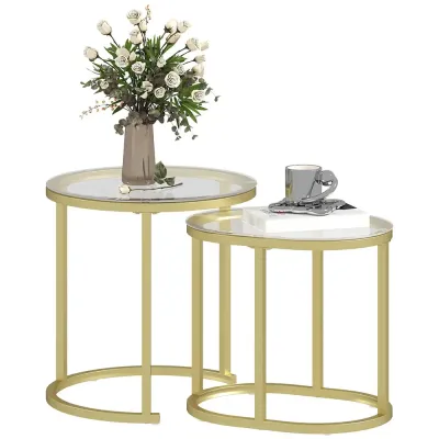 Soffbord Set om 2 Guld av Stål och Glas Runda