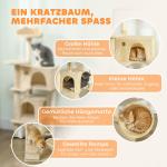 Katträd Beige Plysch och Sisal för Katter 140 cm Högt Klösträd med Hängmatta och Stege Mysig Koja och Lekbollar Stabil Konstruktion för Klösning