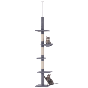 Kattträd Golv-till-Tak, Höjdjusterbart, Robust Kattklätterträd med Sisalpelare, Grå, 40 x 34 x 230–260 cm