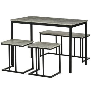 Matgrupp Köksbord Grå av Trä och Metall för Kök och Vardagsrum 4 Delar med Bord och 3 Bänkar