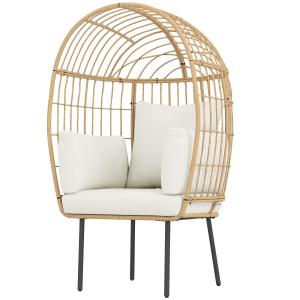 Äggformad Rottingstol med Avtagbar Kudde, Stoppad Utomhusstol, Beige, 95x80x155 cm