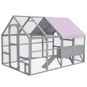 Hönshus Hönsbur Natur av Trä för Utomhusbruk Frigående Hölje med Dörr och Holk Ramp och Tak 280 x 185,5 x 188 cm