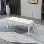Klädd Sittbänk i Vintage-Stil, Elegant Sängbänk med Träben och Linneöverdrag, Bekväm Sittplats för Sovrum, Beige, 110 x 40 x 48 cm