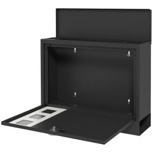 Brevlåda Väggpostlåda Svart av Metall för Utomhusbruk med Tidningsfack och Visningsfönster Vattenavvisande 2 Nycklar 36,5 x 11,5 x 29 cm