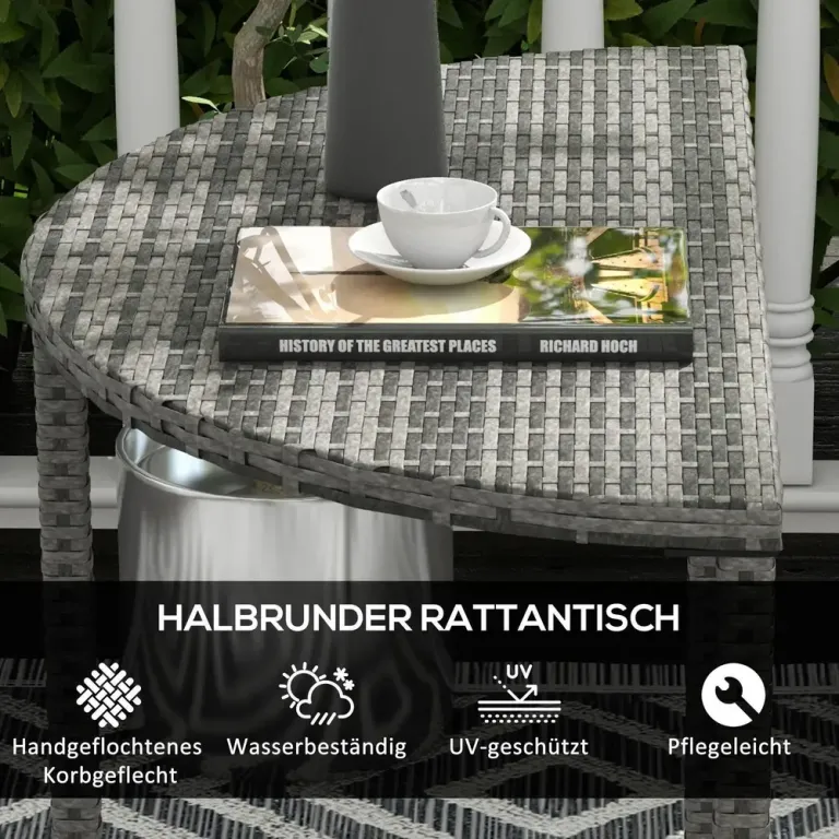 Halvrunt Balkongbord i Konstrotting och Metall 100 cm, Grått
